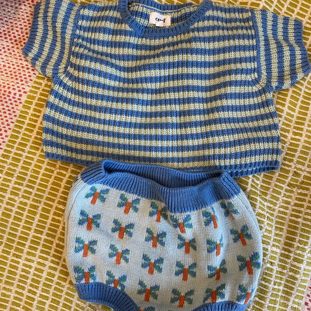 Oeuf Blue and Green Striped Knit Diaper Cover Set